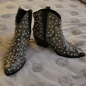 Snake print rhinestone booties